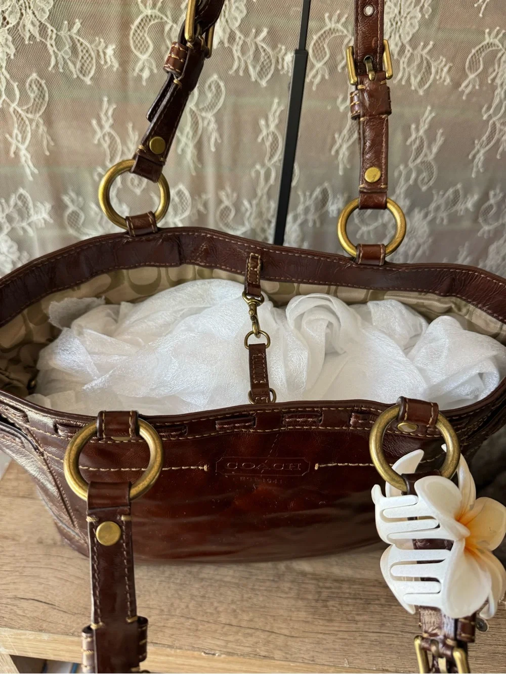 Coach Brown Leather Shoulder Tote with Floral Charm